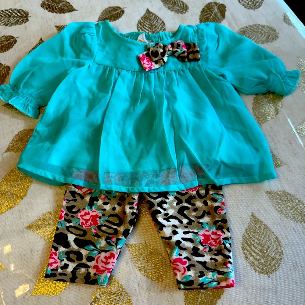 Vintage Newborn girls Healthtex  turquoise blue top with floral pants, Y2K